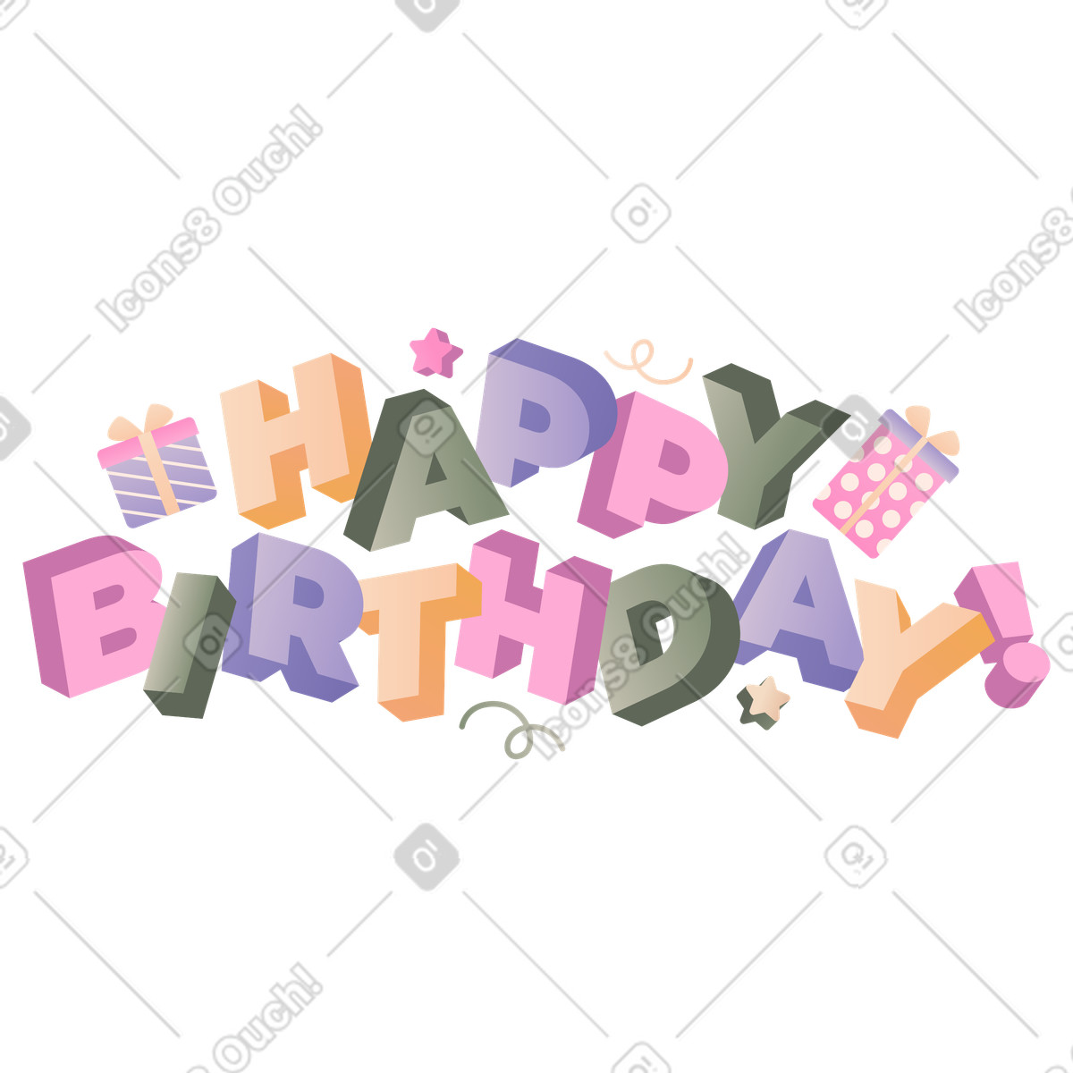 Coworking 스타일의 생일 축하 편지! 선물 상자와 장식 텍스트가 있는 일러스트레이션 PNG, SVG 다운로드