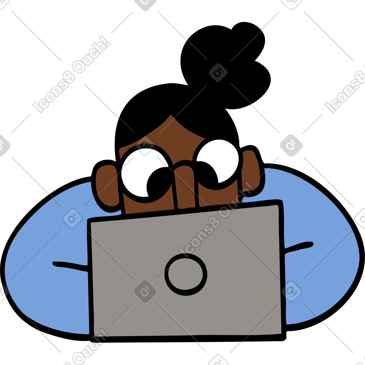 Giovane donna seduta dietro un computer portatile illustrazione in stile Comic scarica in PNG, SVG