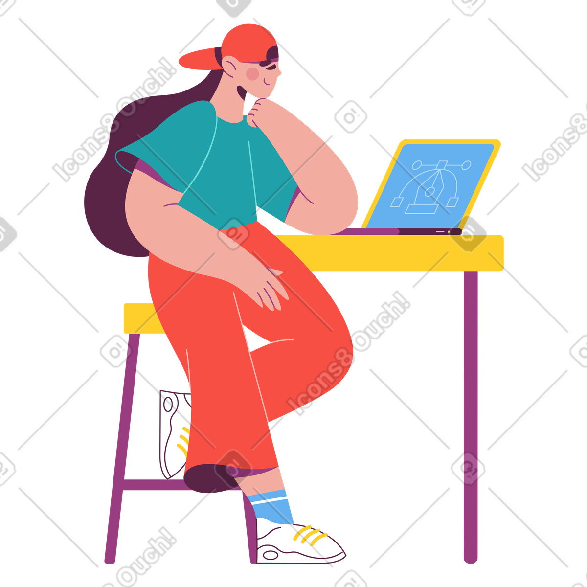 Student watching graphic design tutorial on laptop, remote creative education illustration in Sammy style download in PNG, SVG