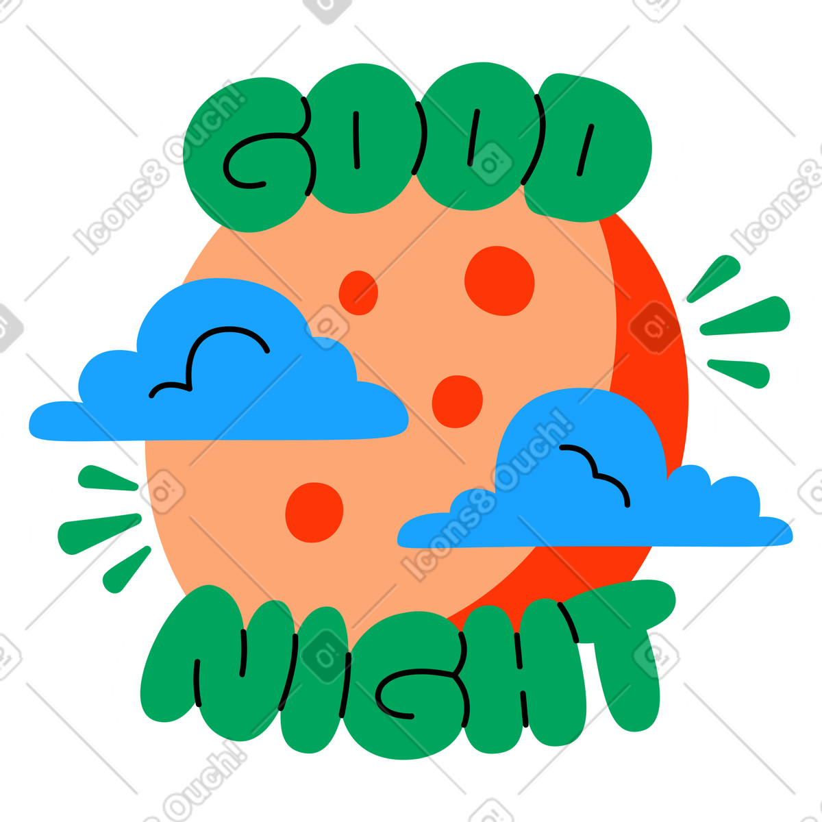 Ilustración Pegatina de letras buenas noches luna texto en estilo Lettering a descargar en PNG y SVG