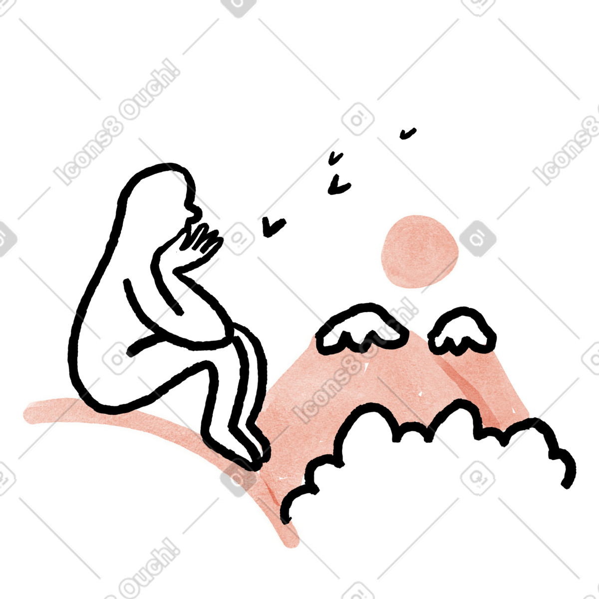Silhouette figure sitting quietly watching mountains and rising sun-Illustration im Anthropic Claude Hand Drawn-Stil als Download in PNG, SVG