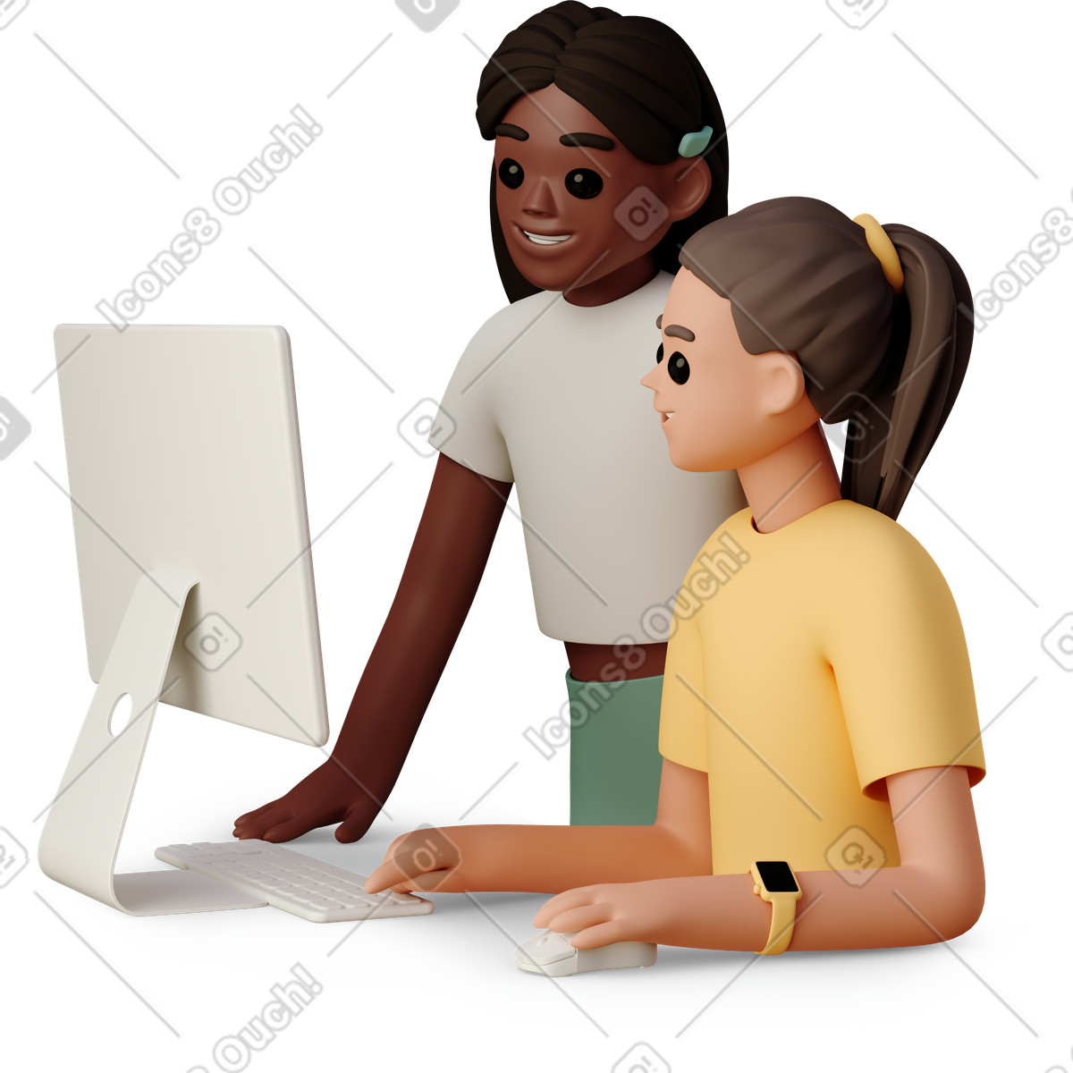 3D Casual life 스타일의 Young women working with computer 일러스트레이션 PNG, SVG 다운로드