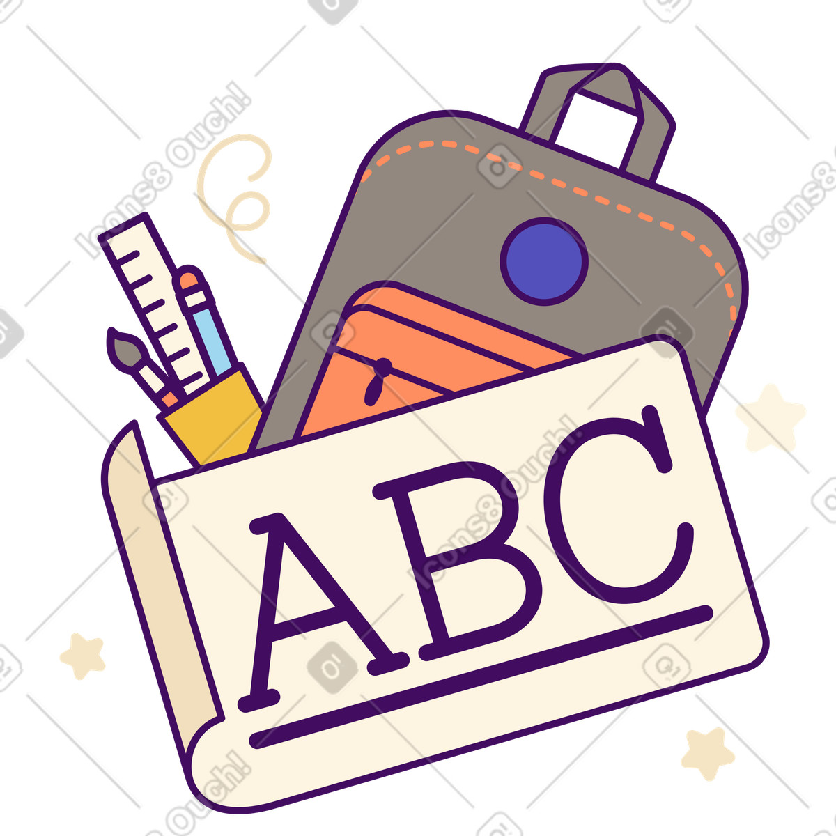 School bag, stationery, and paper sheet with alphabet letters, Early childhood education illustration in Simplistic style download in PNG, SVG