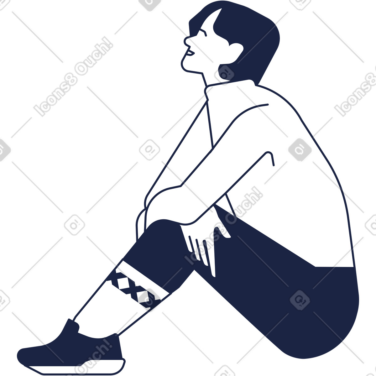 Illustration Un homme en pull est assis sur le sol et lève les yeux dans style Urban Line à télécharger aux formats PNG, SVG