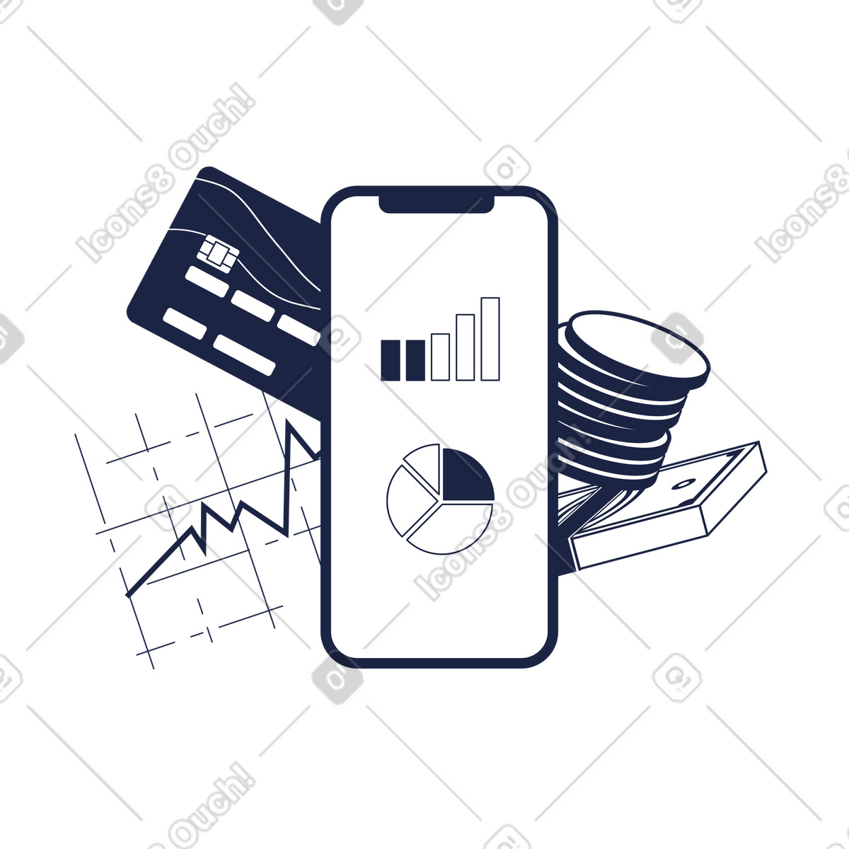 Credit card, money and smartphone with financial analysis illustration in Urban Line style download in PNG, SVG