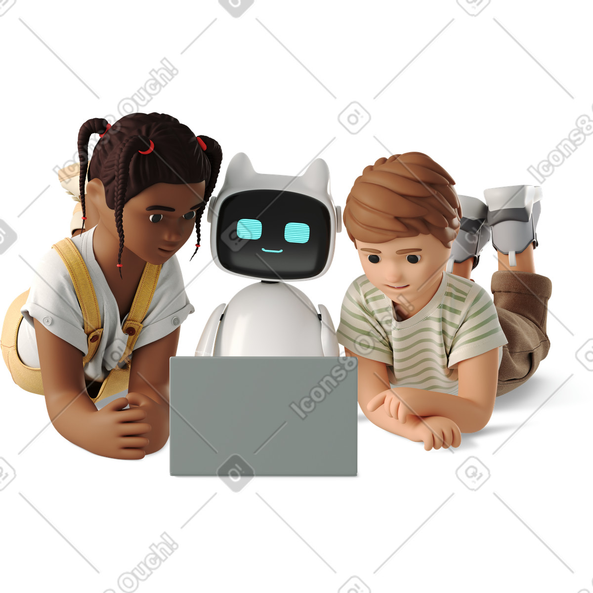 3D Business スタイルの ロボットアシスタント付きのノートパソコンを操作する子供たち のイラストをPNG、SVG形式でダウンロード