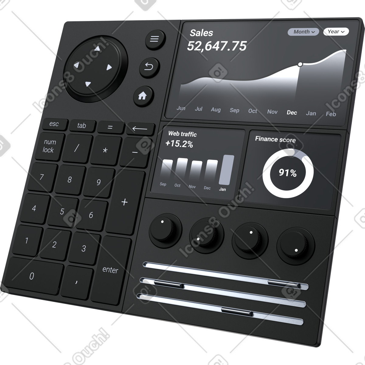 Illustration Tableau de bord veille stratégique, console d'analyse des revenus, interface reporting financier dans le style 3D Pro à télécharger aux formats PNG, SVG