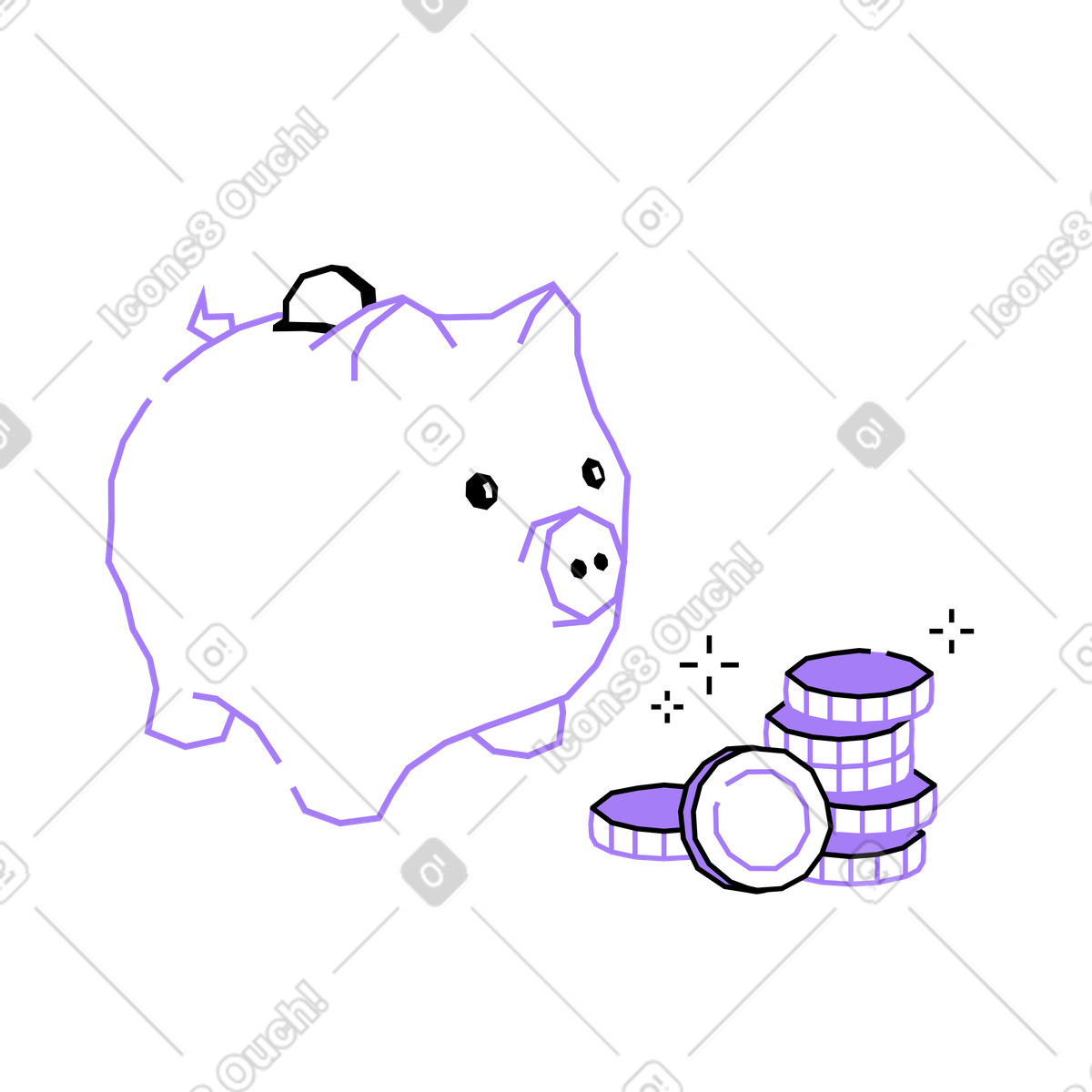Piggy bank with stacked coins, Personal savings and money management illustration in Amethyst style download in PNG, SVG
