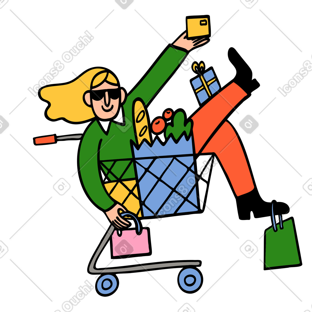 Illustration Femme avec des sacs de courses sur un chariot d'épicerie dans le style Comic à télécharger aux formats PNG, SVG