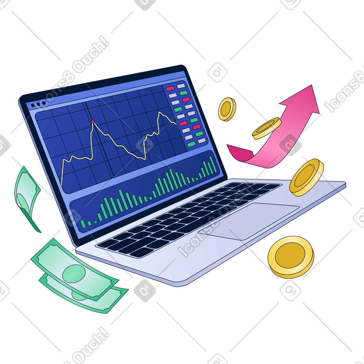 Laptop with graphs and money around, Stock trading online on stock market illustration in PNG, SVG