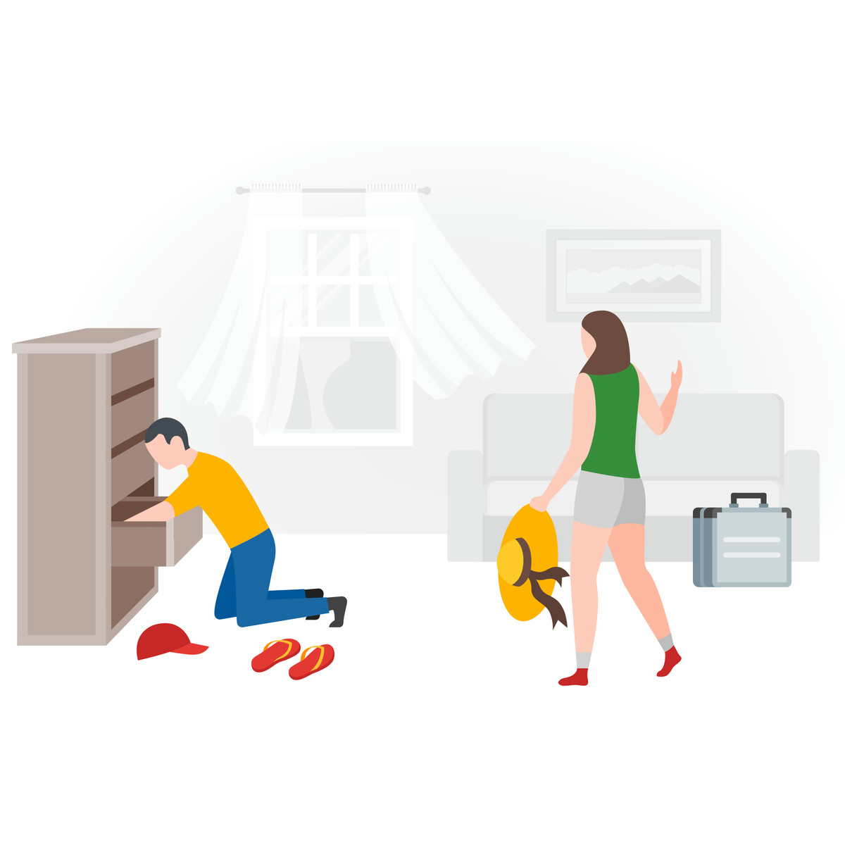 Иллюстрация Last minute travel preparation with couple hurriedly gathering belongings at home в стиле Fogg — скачать в форматах PNG, SVG