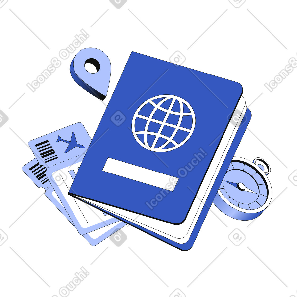 Passport, boarding passes and compass, Vacation planning booking-Illustration im Techny-Stil als Download in PNG, SVG