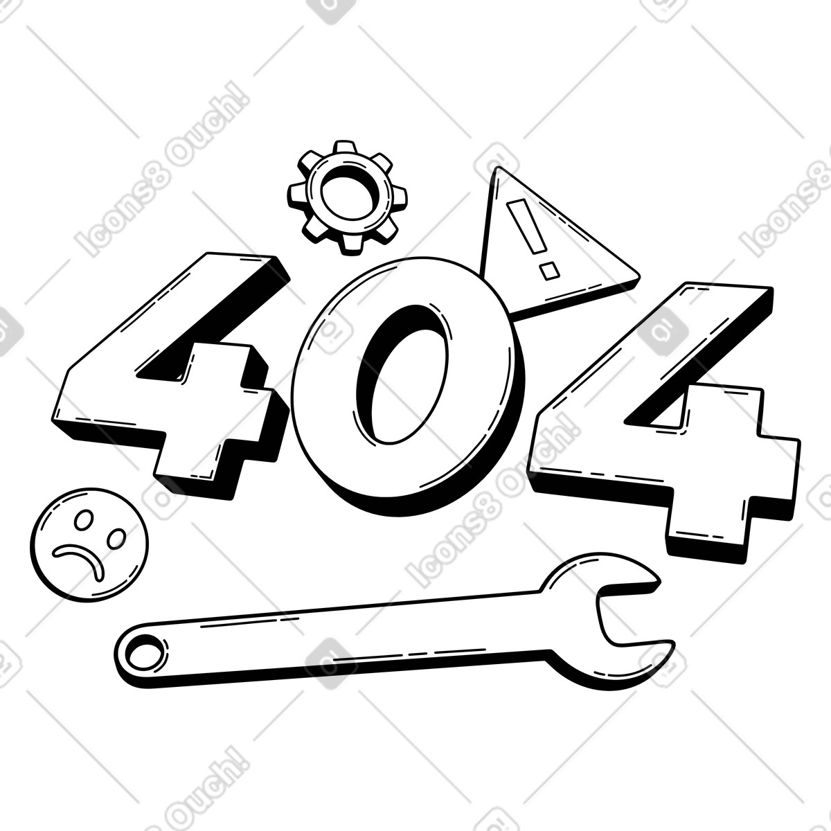 Ilustración animada Código 404 con llave inglesa y señal de advertencia, problema técnico página error en estilo 3D Techny Line a descargar en GIF, Lottie (JSON), AE