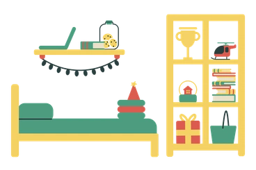 A cozy bedroom with a shelf and bookshelf - Macaroni style illustration