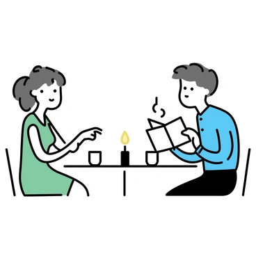 A couple sitting at a round table in a restaurant, both leaning slightly forward. The man, wearing a blue button-up shirt and black jeans, holds a menu open in front of him, scanning the options with concentration. The woman, dressed in a green dress, has her hair tied back and is pointing at a dish on the menu, looking thoughtful. A candle flickers gently in the center of the table, and a glass of water is placed beside each of them. The atmosphere is intimate and focused as they discuss their meal choices.