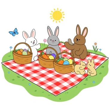 A group of four cartoon bunnies sitting on a large, checkered picnic blanket spread out on green grass. The bunnies are of various sizes and colors; one is fluffy and white, another is gray with long ears, a third is brown with spots, and the last one is a small, yellow bunny. Each bunny is smiling and engaging in playful activities. They have two large wicker baskets filled with bright orange carrots and colorful painted eggs, some with patterns of dots and stripes. Nearby, a butterfly flutters around, and a few flowers bloom around the picnic area. The sun is shining brightly overhead, creating a cheerful atmosphere.