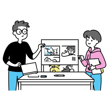 A wooden table is covered with multiple anime storyboard panels, each depicting different frames of a scene. Two creators are standing beside the table, engaged in a discussion about the next scene. One creator, wearing glasses and a black shirt, is pointing at a storyboard panel with a dramatic action sequence. The other creator, with short hair and a red hoodie, is listening intently, holding a sketchbook in one hand. A few colored markers and a laptop are also on the table, adding to the creative atmosphere.