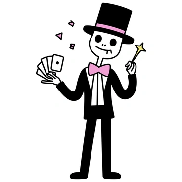 A skeleton magician stands confidently, wearing a black top hat and a red bow tie. Its bony hands are skillfully manipulating a deck of playing cards, fanned out in the left hand. In the right hand, it holds a sparkling magic wand, pointed upwards. The magician has an animated expression, with its eye sockets wide open, conveying a sense of excitement. A few cards float in the air around it, as if mid-performance, showcasing the magician's talent and flair.