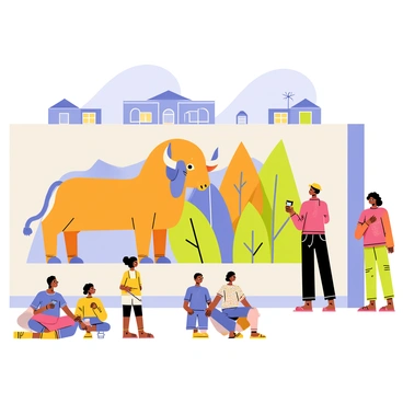 An artist stands in front of a large village wall, intently painting a vibrant mural of "Nandi," the sacred bull. The mural features bold colors such as bright oranges, deep blues, and lush greens, depicting Nandi with intricate details. Villagers gather around, some sitting on the ground and others standing, all observing the artist at work with expressions of curiosity and admiration. The background shows simple village houses and a clear blue sky, adding depth to the scene.