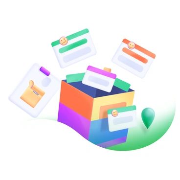 A colorful suggestion box is placed in the center of the image, featuring various vibrant colors like red, blue, yellow, and green. Floating around the suggestion box are multiple feedback cards, each displaying different symbols and colorful designs. The cards are varied in size and orientation, adding a dynamic feel to the composition. Some cards show a thumbs-up symbol, while others have a pencil icon or a smiley face. The overall arrangement creates a lively atmosphere, with a sense of interaction and engagement.