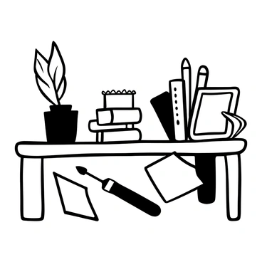 A wooden table displaying a collection of illustration tools from different eras. There is a quill pen with an ink pot, a set of charcoal sticks, and various brushes laid out. An old-fashioned drafting compass and a modern digital tablet are also present. Sketchbooks with different styles of paper are stacked beside the tools. Each item is distinct, showcasing the evolution of illustration techniques throughout the years.