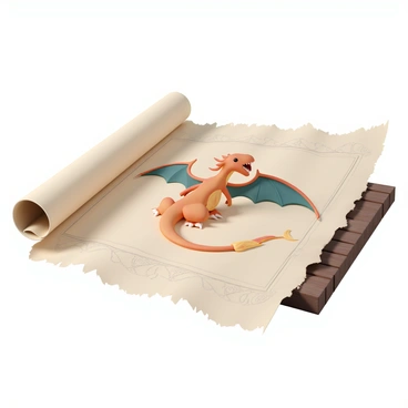 An ancient scroll depicting a legendary Charizard illustration with faded colors