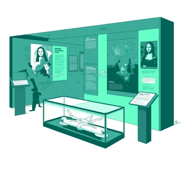 A teal modern museum exhibit is featuring various inventions and artworks by Leonardo da Vinci. The exhibit includes a large glass case displaying a detailed model of the flying machine, illuminated from below to highlight its intricate design. On the walls, there are large banners featuring iconic da Vinci paintings such as "Mona Lisa" and "The Last Supper," with descriptions in white text. Interactive displays are set up throughout the space, allowing visitors to engage with touch screens that provide information about da Vinci's innovative techniques. The floor is polished white, reflecting the vibrant displays above, creating an inviting atmosphere for exploration.
