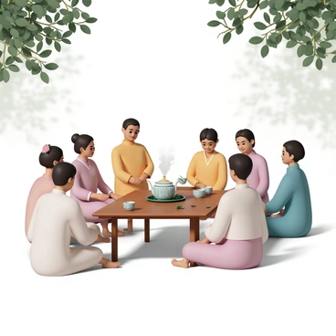 A tranquil scene featuring an ASEAN tea ceremony. In the center, a wooden table is adorned with an intricate tea set that includes a teapot, teacups, and a serving tray, all decorated with traditional patterns. Surrounding the table are several elegantly dressed individuals, wearing colorful traditional attire, engaged in the ceremony. A soft, natural light filters through the leaves of nearby trees, creating a gentle ambiance. The background showcases lush greenery, adding to the peaceful atmosphere. Fresh tea leaves are placed on the table, while steam rises from the freshly brewed tea in the teapot.