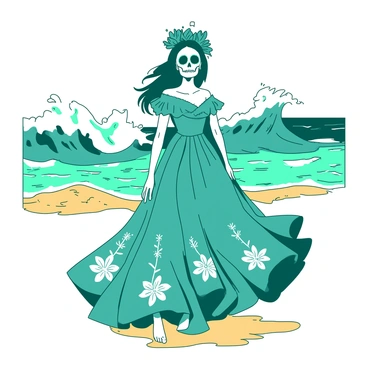 A Catrina with a decorated skull face is standing on a beach, dressed in an elegant flowing dress adorned with intricate floral patterns. The dress is predominantly teal with contrasting details in white. Behind her, large waves are crashing against the shore, creating a dynamic scene with splashes of water. The sky above is clear, allowing the sunlight to illuminate her vibrant outfit, and the sand beneath her feet is golden and textured.