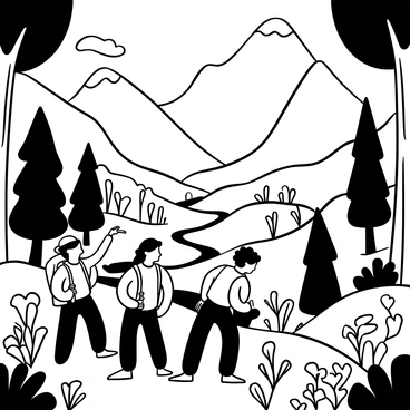 A group of adventurers carrying backpacks is walking along a rugged trail in a lush national park. Towering mountains are visible in the background, with their peaks surrounded by fluffy clouds. In the foreground, various trees with thick trunks and dense foliage frame the scene. Below the mountains, expansive valleys can be seen, showcasing a variety of plants and wildflowers. A winding river flows through the valley, reflecting the landscape around it. The adventurers are engaged in conversation, pointing towards the breathtaking view ahead.