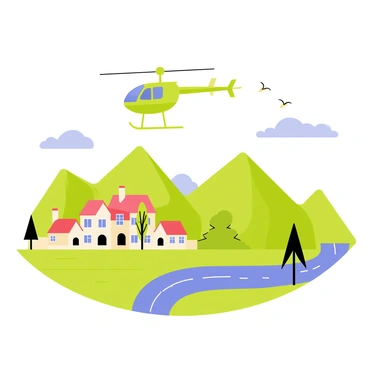 A bright green helicopter flying above a quaint village with small, colorful houses clustered together. The village is surrounded by lush green fields and trees, while a winding blue river flows gently through the landscape below. Soft clouds dot the clear blue sky, and a few birds can be seen soaring alongside the helicopter. The scene captures the vibrant life of the village while highlighting the contrast of the flying helicopter above.