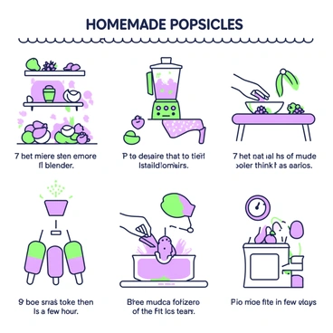 An illustrated recipe layout displaying the process of making homemade popsicles. The first image shows a collection of fresh fruits including strawberries, bananas, and blueberries arranged on a wooden kitchen counter. The next step features a blender filled with chopped fruits, and a hand is pressing the button to blend. Following that, a bowl filled with the blended fruit mixture is shown. In the next illustration, popsicle molds are positioned on a table, ready to be filled with the vibrant fruit mixture. The fifth image depicts someone pouring the mixture into the molds, ensuring they are filled evenly. The final image illustrates the molds placed in a freezer for a few hours, with a clock indicating the passage of time.