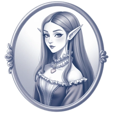 A detailed portrait of an elf with an expression that conveys wisdom and knowledge. The elf has pointed ears and long, flowing hair, styled elegantly. They are adorned in intricate Victorian attire, which features ruffled collars and elaborate patterns. The background of the portrait is subtle, allowing the focus to remain on the elf's face and attire. The portrait is enclosed in a richly designed gilded frame that showcases ornate patterns and embellishments.