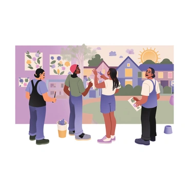 A digital flat illustration depicting a group of volunteers working together to create a community mural. There are four volunteers, each engaged in painting different sections of the mural. One volunteer on the left is a woman with medium skin, wearing a blue t-shirt and overalls, painting a colorful tree with green and yellow leaves. Next to her, a man with light skin and curly hair is painting a bright sun, wearing a red cap and a white shirt. The third volunteer, a woman with dark skin and braided hair, is adding flowers to the mural, dressed in a purple tank top and denim shorts. The last volunteer, a man with olive skin and short hair, is painting a colorful building, wearing a green shirt and black pants. The background features a partially finished mural showcasing lively elements of the neighborhood, including houses, trees, and community members.