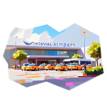 A modern airport terminal exterior featuring sleek glass and steel architecture, with large windows reflecting the sky. In the foreground, several yellow taxis are waiting in a designated pick-up area, their drivers standing beside their vehicles. Buses are arriving, with passengers disembarking and boarding, creating a sense of movement and activity. The terminal has a prominent entrance with a large sign displaying the name of the airport. The surrounding area is landscaped with green plants and trees, adding a touch of nature to the bustling scene.