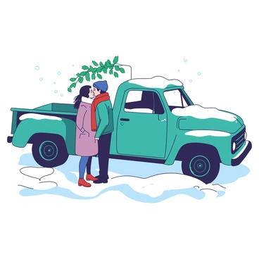 A teal pick-up truck is parked on the side of a snowy road, covered in a thick layer of white snow. A couple stands beside the truck, sharing a tender kiss underneath a cluster of green mistletoe hanging from the truck's rearview mirror. The couple is dressed warmly in winter coats, with the woman wearing a red scarf and the man in a blue hat. Snowflakes are gently falling around them, creating a cozy winter atmosphere.