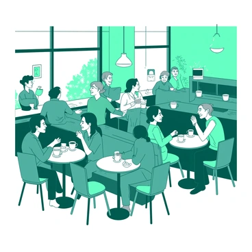 A teal cafe is filled with people sitting at small white tables, engaged in lively conversation while sipping coffee. Various patrons are present, including a couple laughing together, a group of friends animatedly discussing, and a person reading a book in the corner. The atmosphere is vibrant, with waitstaff moving between tables, carrying trays of steaming cups. Warm light pours in from large windows, illuminating the cozy interior.