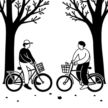A young couple riding vintage bicycles along a tree-lined avenue. The bicycles have large wheels and a classic design, with a wicker basket attached to the front of one. The couple is dressed in light, casual clothing, with the man wearing a cap and the woman wearing a flowing dress. Tall trees with intricate branches arch over the avenue, creating a natural canopy. Dappled sunlight filters through the leaves, casting soft shadows on the ground. The pavement is lined with small pebbles, adding texture to the scene. A few scattered leaves can be seen on the ground, hinting at the season.
