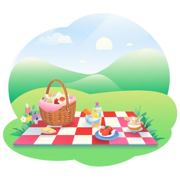 A checkered picnic blanket is spread out on a vibrant green meadow under bright sunlight. On the blanket, there are various food items including a wicker basket filled with sandwiches wrapped in parchment paper, a bowl of fresh strawberries, and a bottle of sparkling water with a lemon slice on the rim. A small plate holds several slices of cheese and crackers. Nearby, a colorful bouquet of wildflowers adds a touch of charm. In the background, there are gentle rolling hills and a clear blue sky dotted with fluffy white clouds.