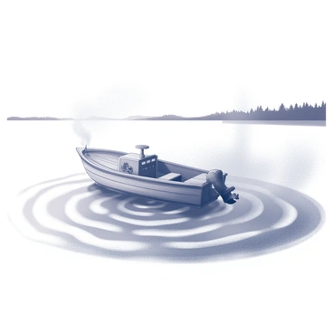 A fishing boat on a lake with boiling water creating ripples around it