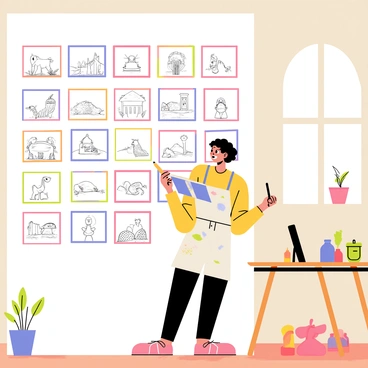 An artist participating in a 30-day flat illustration challenge, with daily sketches displayed on a wall.