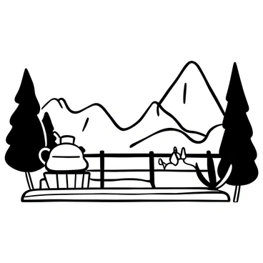 A moka pot placed on a wooden deck, with steam rising from the spout. The background features a panoramic view of rugged mountains in the distance, with a detailed depiction of pine trees framing the sides of the scene. A small, decorative plant sits on the deck beside the moka pot, and the wooden texture of the deck is visible, emphasizing its grain and structure.