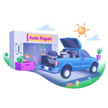 A modern pastel illustration featuring a blue truck parked at a mechanic's shop. The truck's back is open, revealing various auto parts, including an engine, tires, and tools neatly organized. The mechanic's shop has a bright sign that reads "Auto Repair" and is surrounded by tools hanging on the walls. There are potted plants on the sides and a workbench cluttered with wrenches and a toolbox in the foreground. A sunny sky is visible above, adding a cheerful atmosphere to the scene.