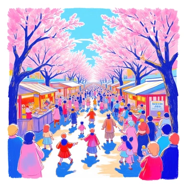 A lively festival scene features a large number of people gathered under blooming cherry blossom trees, their branches adorned with delicate pink flowers. The air is filled with the sound of traditional music coming from a nearby stage, where musicians play instruments such as drums and flutes. Various food stalls are set up around the area, each decorated with colorful banners, offering a variety of delicious foods like skewered meats, rice cakes, and sweet treats. Families and friends are seen laughing and sharing food, while children run around, excitedly pointing at the blossoms. Some attendees are wearing traditional attire, adding to the festive atmosphere.