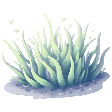 An underwater scene showing a dense bed of green algae interacting with sunlight filtering through the water. The algae are depicted as various shapes and sizes, their fronds swaying gently with the water currents. Small bubbles are emerging from the surface of the algae, rising slowly through the water. These bubbles represent the oxygen being released during photosynthesis. Surrounding the algae, the water is clear, allowing for visibility of the bubbles and the details of the algae. Sunlight creates dappled patterns on the sandy bottom, enhancing the tranquil aquatic environment.