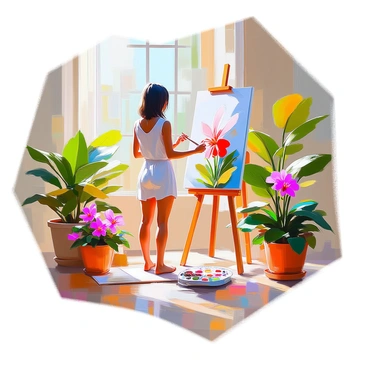 An artist with light skin and shoulder-length dark hair is standing in a sunlit studio, surrounded by vibrant tropical plants and flowers. She is holding a paintbrush and is focused on painting a large canvas. The studio is filled with an array of potted tropical plants, including large green leaves and colorful flowers such as hibiscus and orchids. Natural light filters through large windows, casting soft shadows on the wooden floor. The canvas in front of her features a bright depiction of the plants and flowers arranged around her.