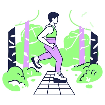 A person is standing on a wooden hiking trail, wearing sturdy hiking boots. Their posture is upright as they perform calf raises, lifting their heels off the ground. The person's legs are fit and positioned shoulder-width apart. In the background, tall trees frame the trail, with patches of grass and leaves scattered on the ground. Sunlight filters through the foliage, creating dappled light on the wooden planks. The person's arms are at their sides, and they are focused on maintaining balance while executing the exercise.