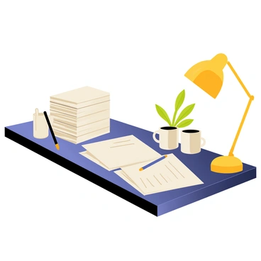 An office desk made of dark wood is cluttered with stacks of white paper invoices and several ceramic coffee cups. The desk is illuminated by a warm yellow lamp, casting soft light over the scattered papers. A pen lies beside the stacks of invoices, and a small potted plant is positioned at the corner of the desk, adding a touch of green. The scene conveys a busy work environment, with papers slightly askew and a few coffee stains on the desktop.