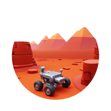A Martian landscape with a rugged and barren terrain featuring "red soil" covering the ground. In the foreground, a "rover" is positioned with detailed wheels and scientific instruments visible. The background showcases "distant mountains" under a clear sky, with shades of red and orange highlighting their jagged peaks. Soft shadows are cast on the ground, accentuating the rocky features of the landscape.