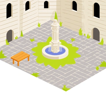 A medieval castle courtyard featuring uneven gray cobblestones spread across the ground. In the center of the courtyard, there is a large, ornate stone fountain with intricate carvings. Water is cascading from the fountain into a circular basin below, creating a shimmering effect. Surrounding the fountain are patches of lush green grass and a few colorful flowers peeking through the stones. Tall stone walls enclose the courtyard, with small arched windows visible above. A couple of wooden benches are placed near the fountain, inviting visitors to sit and enjoy the atmosphere.